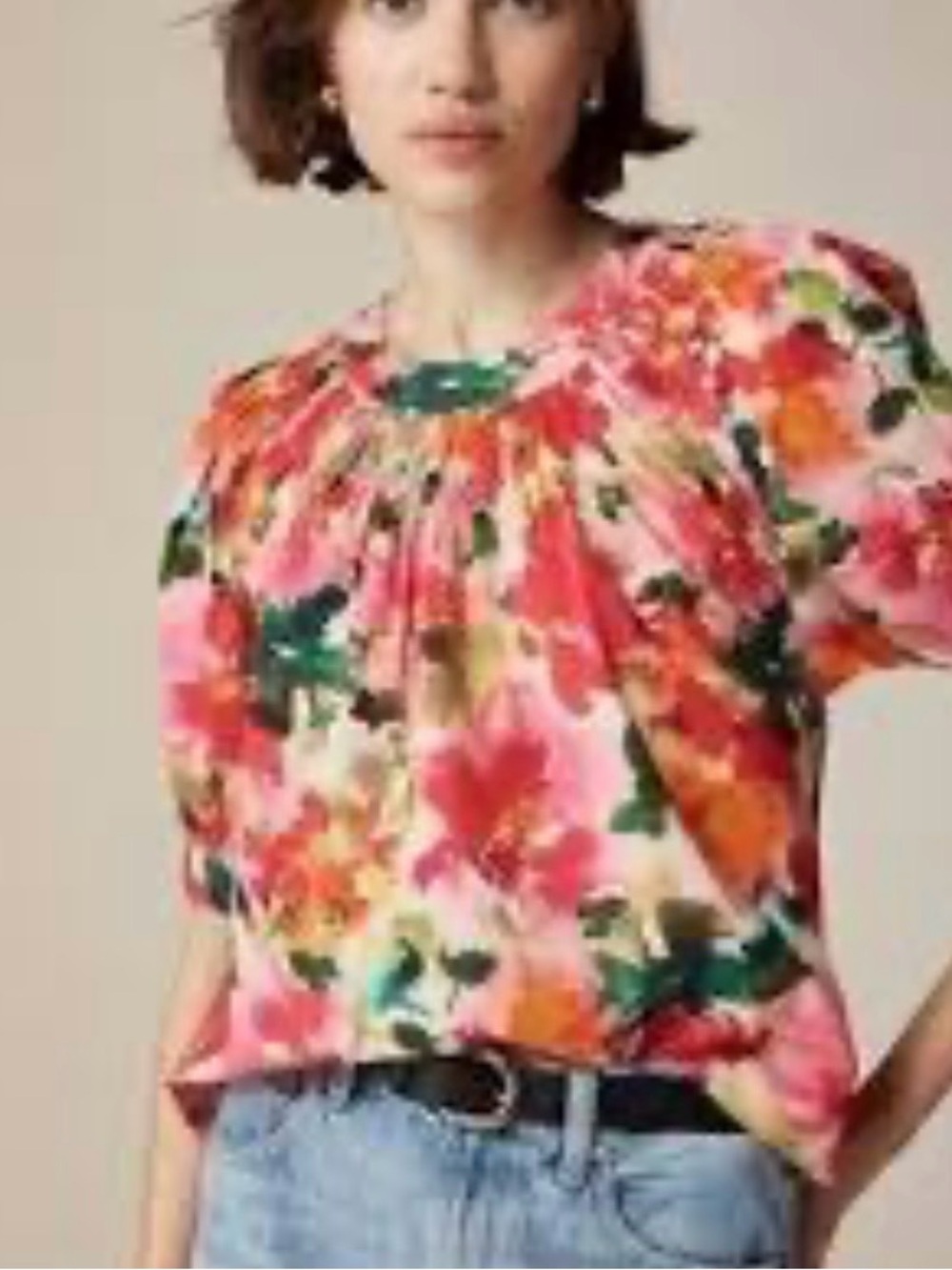 J. Crew Smocked Neck Floral Puff-Sleeve Blouse EUC XXS